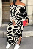 Sexy Contrast Color Off-Shoulder Printed Long-Sleeved Dress