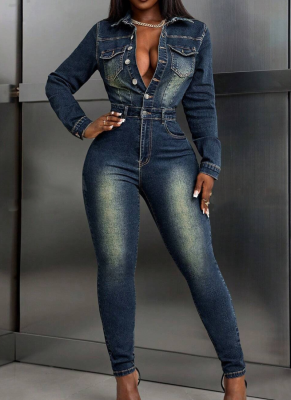 Dark Blue Slim-Fit High-Elastic Washed Long-Sleeved Denim Jumpsuit