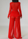 Fashionable Sexy Solid Color Waist Tie Small Suit Long Sleeve Slit Two-piece Suit