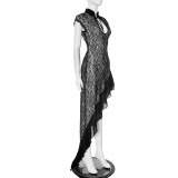 New Chinese Style Slim Fit Lace Lace Sleeveless Hem Ruffled Slit Dress
