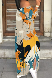 Sexy Contrast Color Off-Shoulder Printed Long-Sleeved Dress