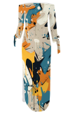 Sexy Contrast Color Off-Shoulder Printed Long-Sleeved Dress