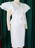 Fashionable And Elegant Ruffled Solid Color Banquet Dress