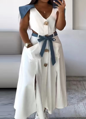 Hot Sale Summer New Style Lapel Exposed Waist Slit Belt Sleeveless Dress