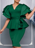 Fashionable And Elegant Ruffled Solid Color Banquet Dress