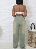 Light Yellow Suspender Slim-Fit Stretch Wide-Leg Denim Jumpsuit