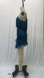 Fashionable Tassel Sequin Sexy V-neck Suspenders Feather Stitching Dress
