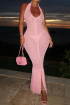 Pink New Women's Casual Knitted Backless Tassel Beach Dress