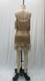 Fashionable Tassel Sequin Sexy V-neck Suspenders Feather Stitching Dress