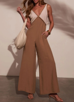 Women's Colorblock Suspender Bust Backless Fashion Casual Wide Leg Long Jumpsuit