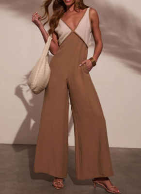 Women's Colorblock Suspender Bust Backless Fashion Casual Wide Leg Long Jumpsuit