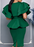 Fashionable And Elegant Ruffled Solid Color Banquet Dress