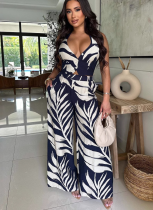 Fashionable Sexy Printed Halter Neck Top With Wide-leg Pants Two-piece Set