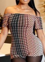 Spring and Summer Printed Off-the-shoulder Short-sleeved Bodysuit