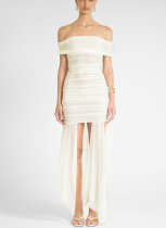 Sexy Ladies Elegant Tube Top Solid Color Pleated Ribbon Waist Slim Fit Short Dress