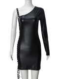 Black Oblique Collar Hollow Tie One-Side Long Sleeve Hip Dress