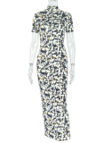 Fashion Print Short Sleeve Slim Fit Sexy Backless Hip Dress