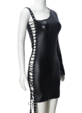 Black Oblique Collar Hollow Tie One-Side Long Sleeve Hip Dress