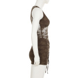 Sexy Lace Stitching See-through Mesh V-neck Vest Pleated Lace-up Dress