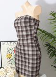 Brown Belly-Baring Vest Plaid Skirt Two-Piece Set