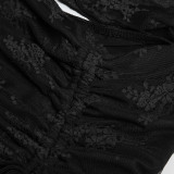Sexy Lace Stitching See-through Mesh V-neck Vest Pleated Lace-up Dress