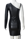 Black Oblique Collar Hollow Tie One-Side Long Sleeve Hip Dress