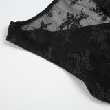 Sexy Lace Stitching See-through Mesh V-neck Vest Pleated Lace-up Dress