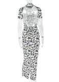 Fashion Print Short Sleeve Slim Fit Sexy Backless Hip Dress
