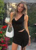 Sexy Lace Stitching See-through Mesh V-neck Vest Pleated Lace-up Dress