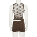 Sexy Lace Stitching See-through Mesh V-neck Vest Pleated Lace-up Dress