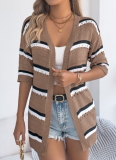 Spring and Summer Casual Striped Hollow Mid Sleeve Knit Cardigan Holiday Cardigan