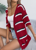 Spring and Summer Casual Striped Hollow Mid Sleeve Knit Cardigan Holiday Cardigan