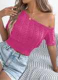 Spring And Summer Casual Off-Shoulder Hollow Short-Sleeved Holiday Knitted Tops For Women