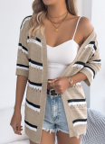 Spring and Summer Casual Striped Hollow Mid Sleeve Knit Cardigan Holiday Cardigan