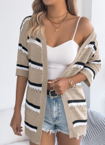 Spring and Summer Casual Striped Hollow Mid Sleeve Knit Cardigan Holiday Cardigan