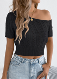 Spring And Summer Casual Off-Shoulder Hollow Short-Sleeved Holiday Knitted Tops For Women