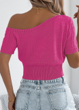 Spring And Summer Casual Off-Shoulder Hollow Short-Sleeved Holiday Knitted Tops For Women