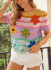Summer New Contrast Color Hollow Striped Round Neck Slim Fit Knit Top
