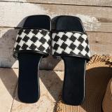Flat Slippers for Women Summer New Casual Checkered Beach One-Strap Sandals