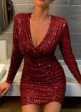 Sexy V-Neck Sequined High Waist Hip Dress