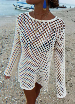 New Hllow Hook Flower Round Neck Pullover Long Sleeve Beach Vacation Blouse