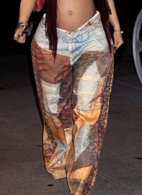 Casual 3D Printed Women's Dirty Scimitar Wide-Leg Denim Pants