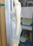 Silver Halter Neck Backless New Summer Sequined Tassel Sexy Dress