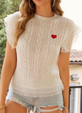 White Pullover Contrast Hollow Striped Top Round Neck Slim Short Knitted Vest