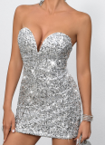 Silver Sequined Tube Top Deep V Neck Off Shoulder Bag Hip Party Short Dress