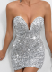 Silver Sequined Tube Top Deep V Neck Off Shoulder Bag Hip Party Short Dress