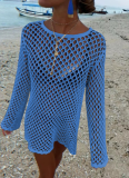 New Hllow Hook Flower Round Neck Pullover Long Sleeve Beach Vacation Blouse