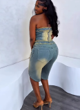 Fashion Raw Edge Wrap Top High Waist Denim Shorts Two Piece Set
