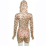 Casual Leopard Print Slim Fit Hooded Zip-Up Top High Waist Shorts Set