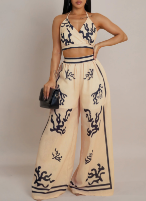 Fashion Positioning Printing V-neck Sexy Halter Neck Wide Leg Pants Suit